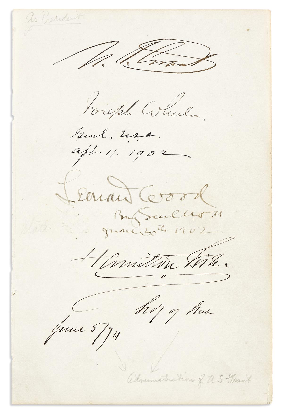 GRANT, ULYSSES S. Signature, U.S. Grant, on a sheet additionally signed by his Secretary of State Hamilton Fish,
